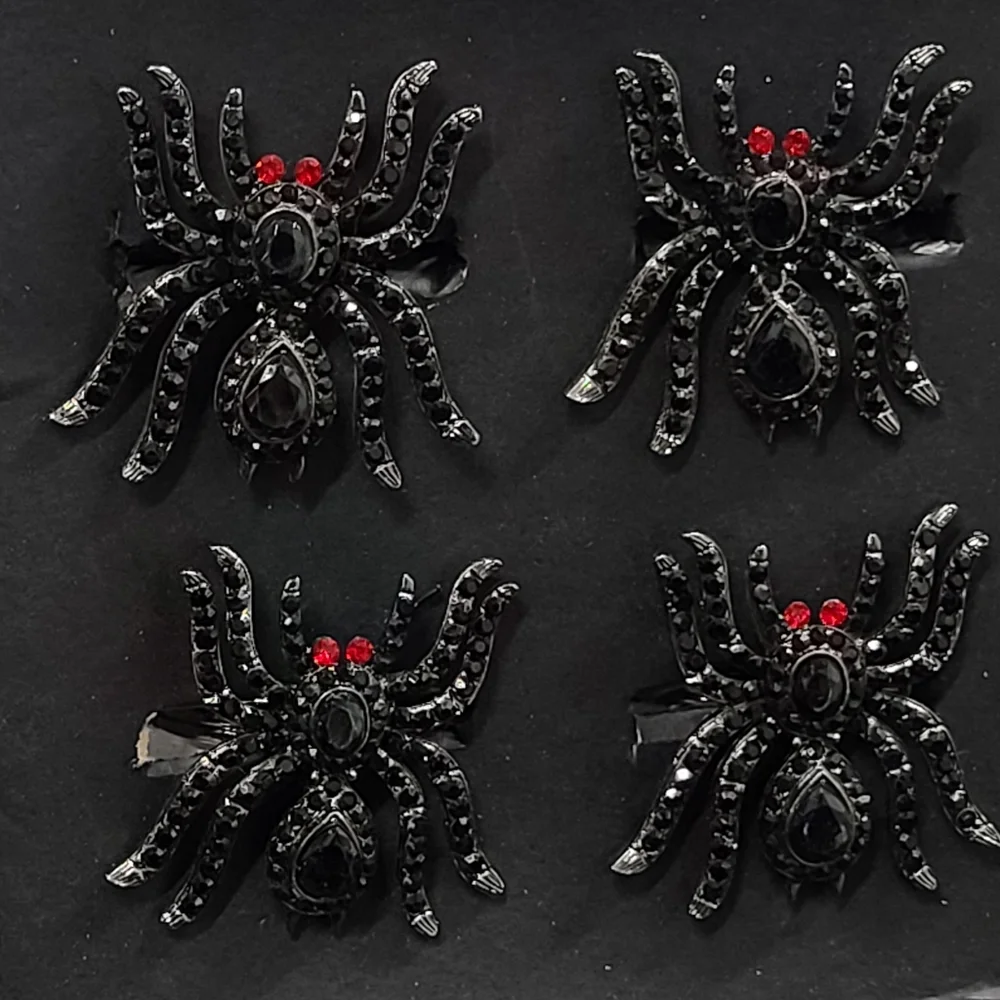 4 Tahari Black Widow Spider Red Eyes Rhinestone Jeweled HALLOWEEN Napkin Rings